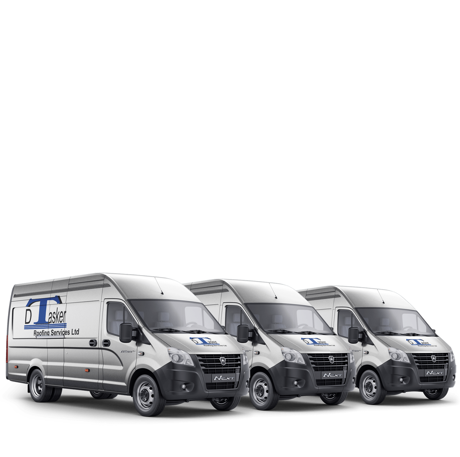 Three vans with the D Tasker Roofing logo on the front and side